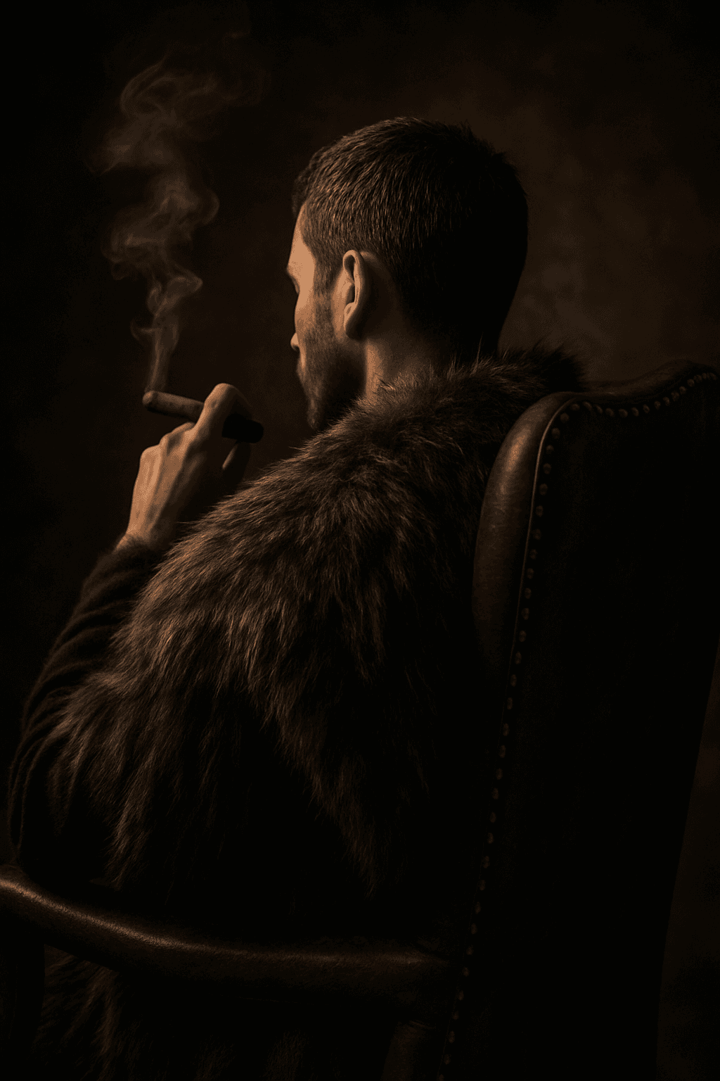 Enigmatic mentor in a high-backed chair wearing a dark wolf-fur coat