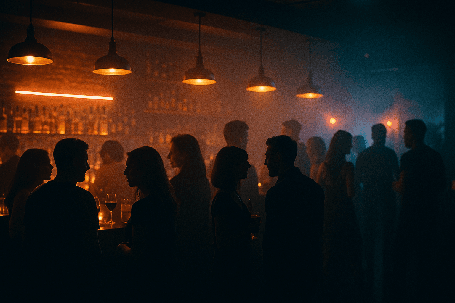 Moody nightlife interior with silhouettes
